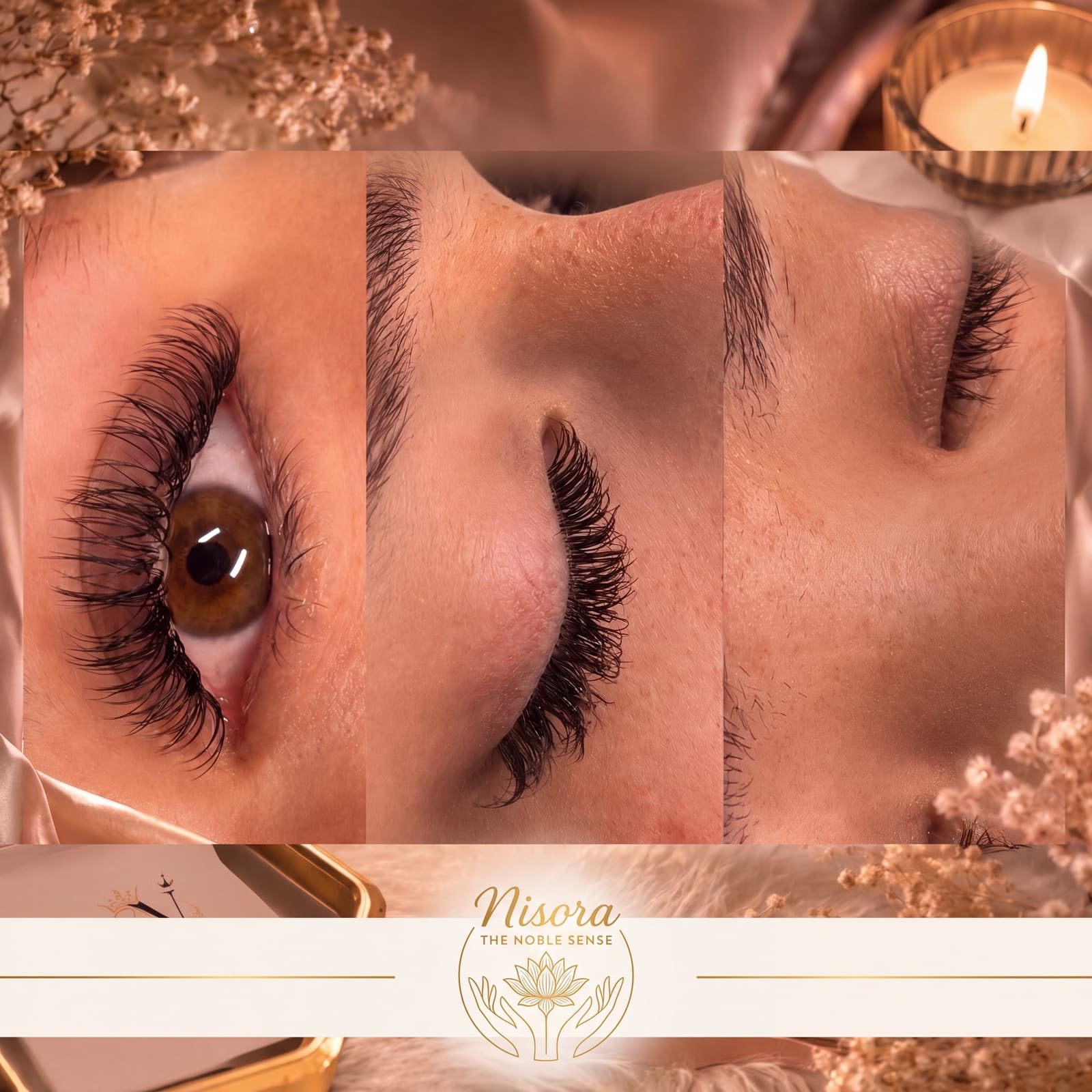 Collage mit Wimpern-Ergebnissen bei Nisora – Wimpernverlängerung und Wimpernlifting